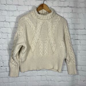 Zara Cable Knit Sweater Womens Medium Beige Cream Cropped roll Neck